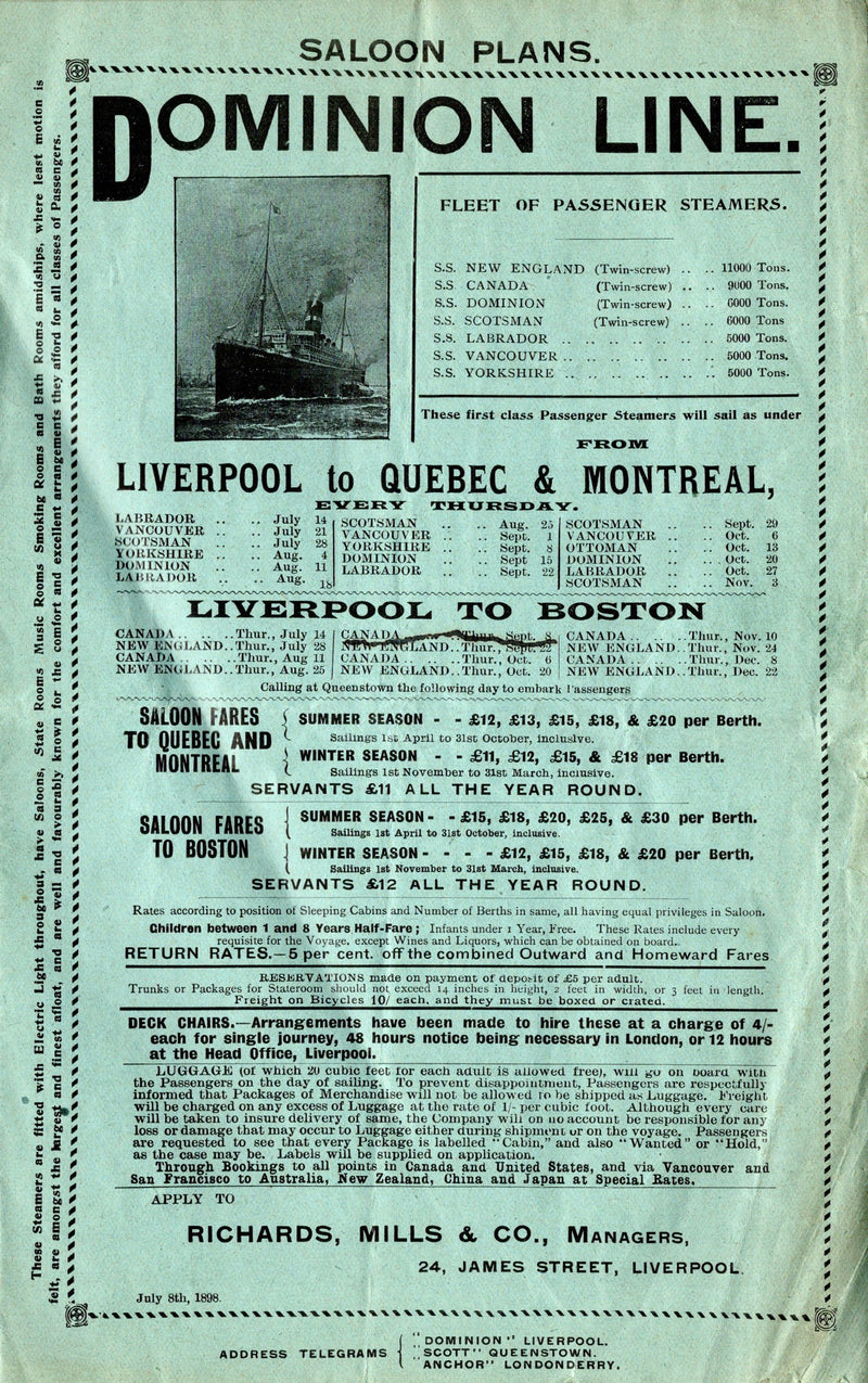 Various: pre-war - 1898 Dominion Line fleet deck plans w/ 7 ships