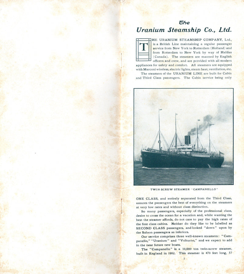 Various: pre-war - Rare 1910 Uranium Line interiors brochure w/ disaster ship VOLTURNO