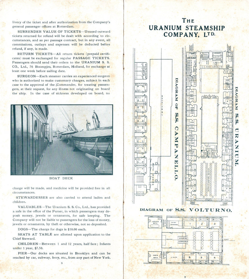 Various: pre-war - Rare 1910 Uranium Line interiors brochure w/ disaster ship VOLTURNO