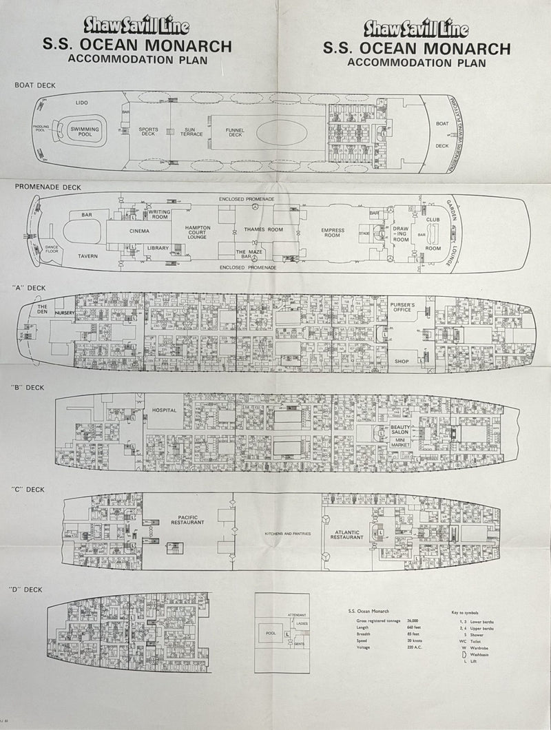 OCEAN MONARCH: 1957 - Large deck plan from 1971