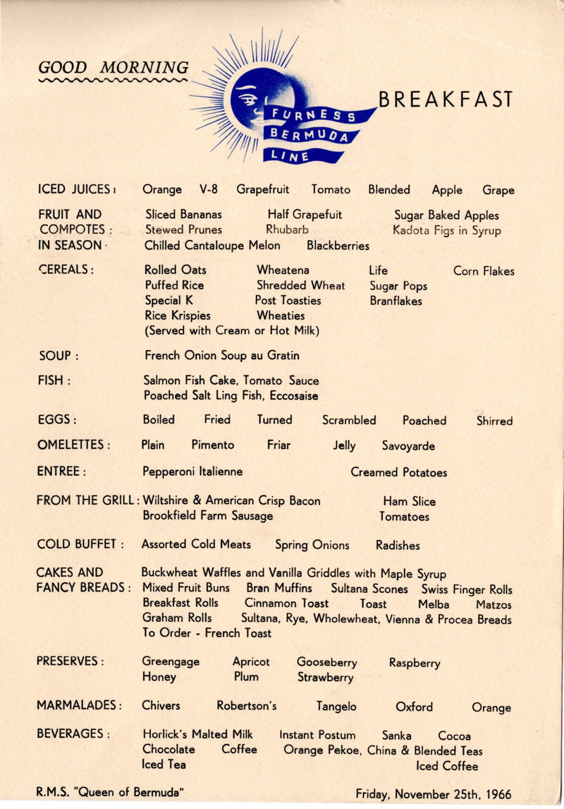 QUEEN OF BERMUDA: 1933 - Nov. '66 final voyage menus, guides, ephemera