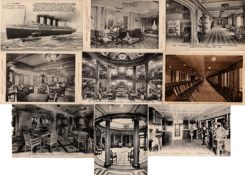 FRANCE: 1912 - 8 First Class interior views & ship portrait postcards