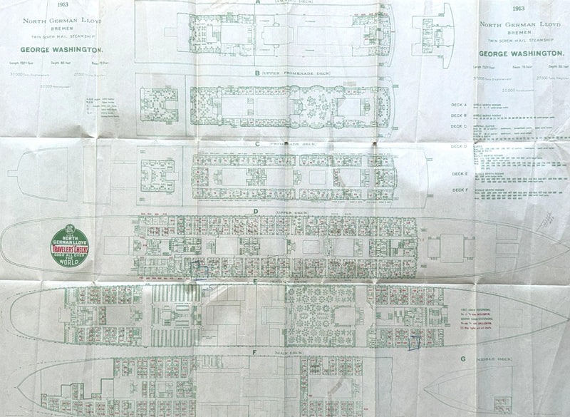 GEORGE WASHINGTON: 1909 - Large 1913 deck plan w/ 1st & 2nd classes