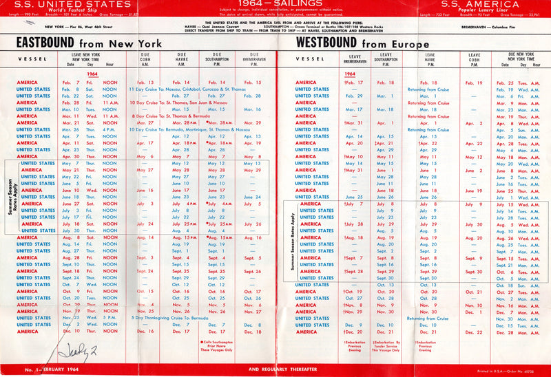 AMERICA & UNITED STATES - 1964 sailing schedule - good-by to AMERICA