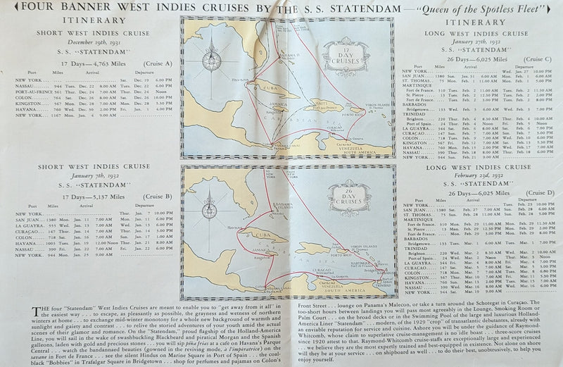 STATENDAM: 1929 - Huge 1931-32 cruise brochure w/ interiors & plans