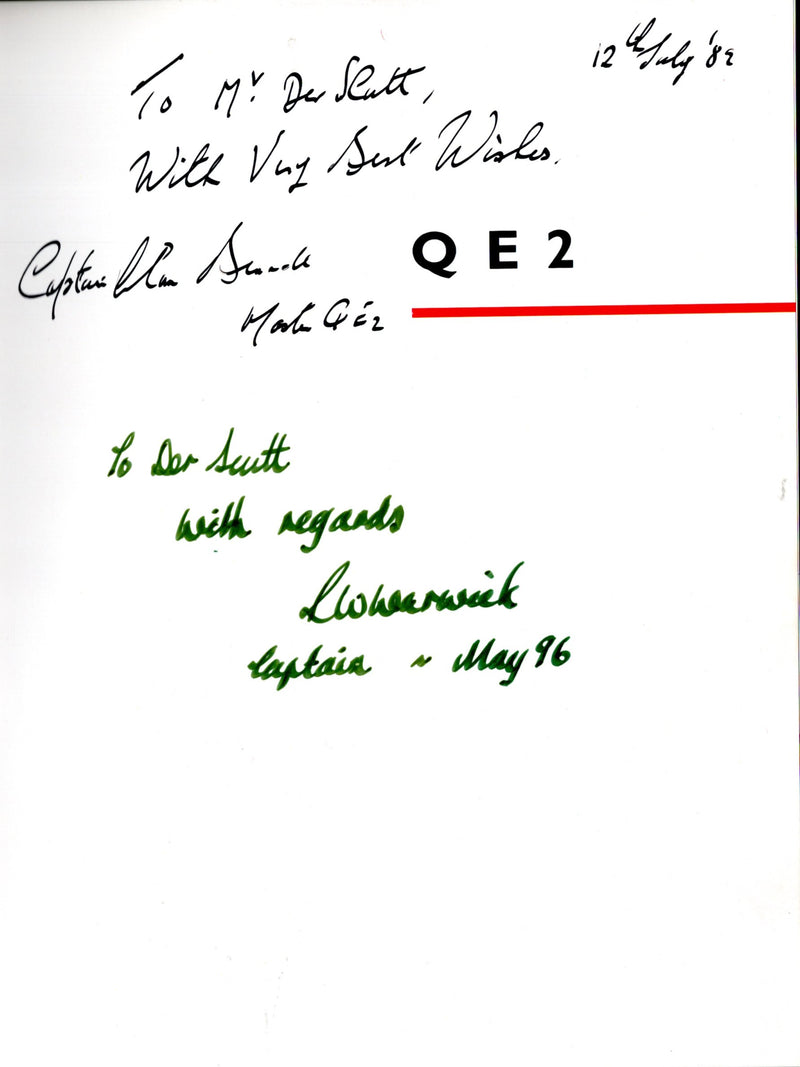 QE2: 1969 - "QE2" by Warwick & Flayhart signed by 2 captains