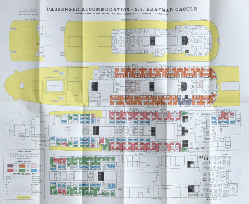 BRAEMAR CASTLE: 1952 - Color-coded deck plan w/ interiors