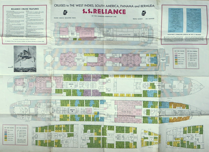 RELIANCE: 1920 - Big 1930 cruise brochure w/ plans & COLOR interiors