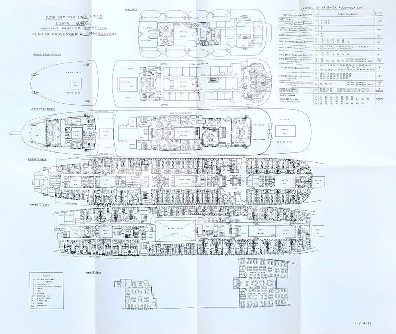 AUREOL: 1951 - First & Cabin class deck plan w/ interiors from 1956