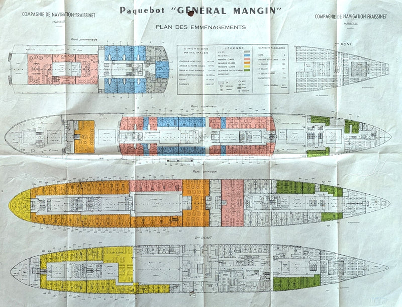 GENERAL MANGIN: 1953 - Color-coded, tissue deck plan from 1950s