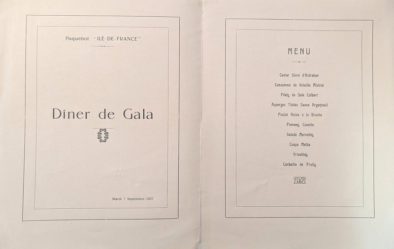 ILE DE FRANCE: 1927 - First Class "Diner de Gala" menu from 1937