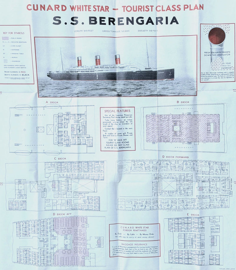 BERENGARIA: 1913 - Tourist Class deck plan w/ photos from 1935