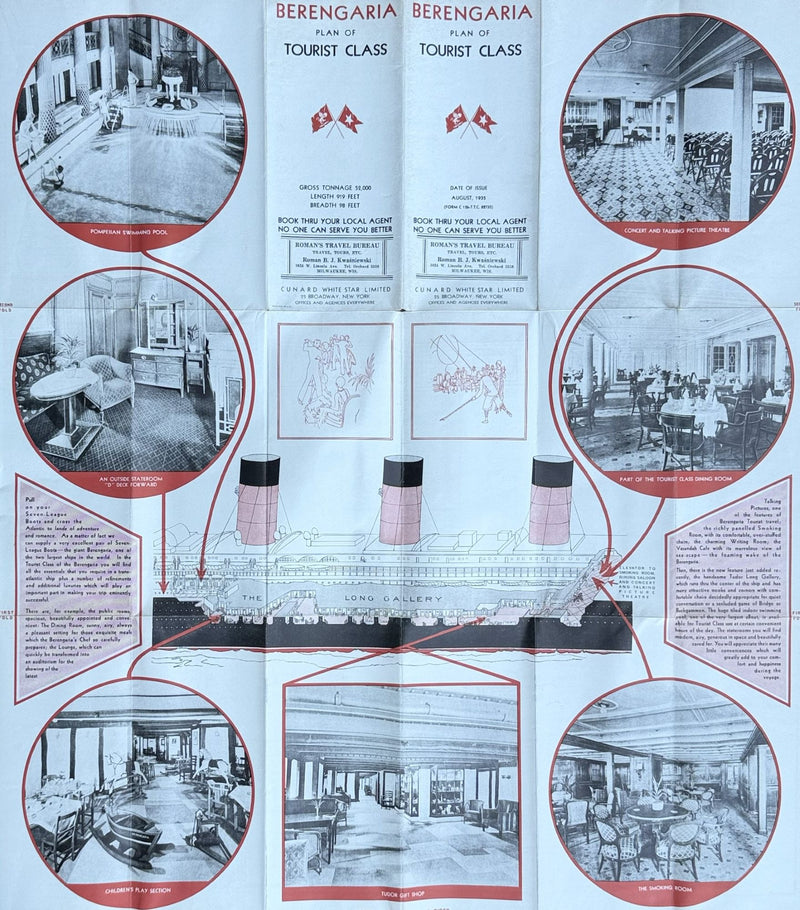 BERENGARIA: 1913 - Tourist Class deck plan w/ photos from 1935