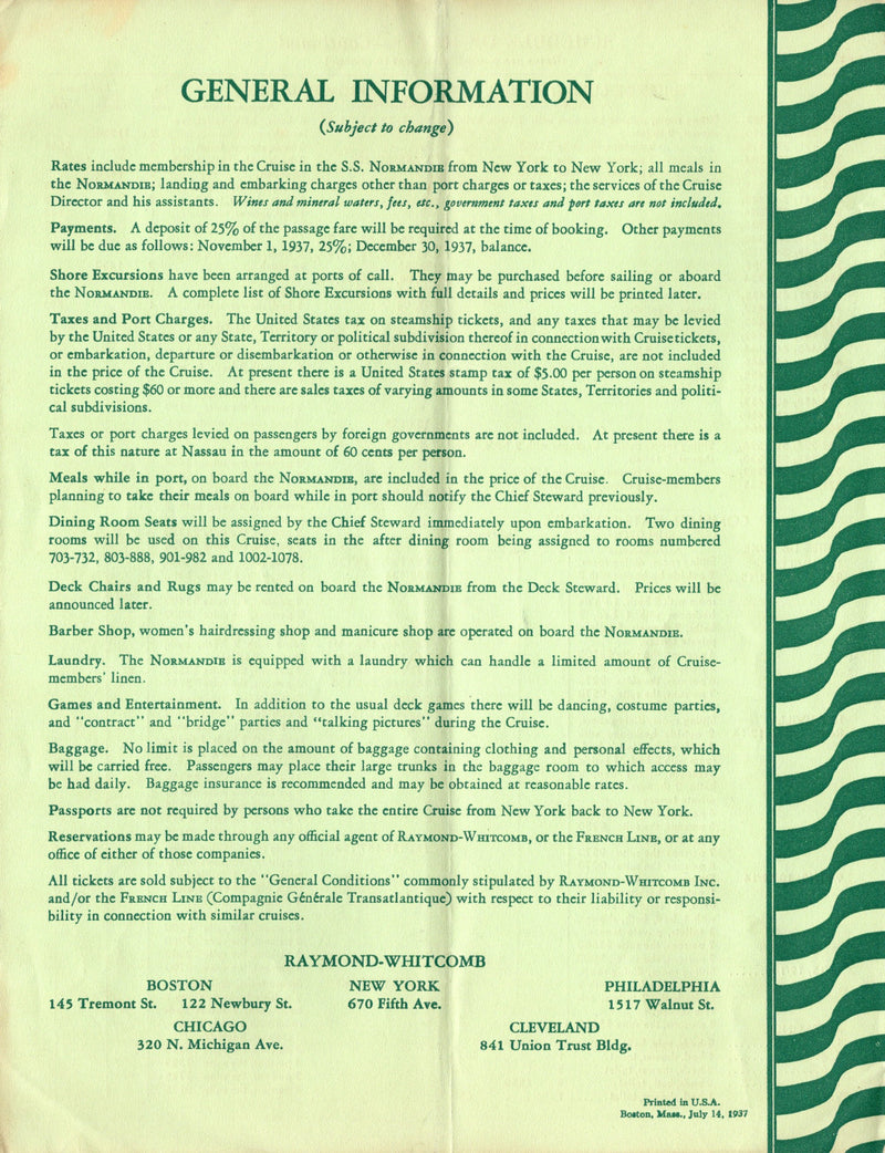 NORMANDIE: 1935 - Rates for 1938 "Cruise to Rio"