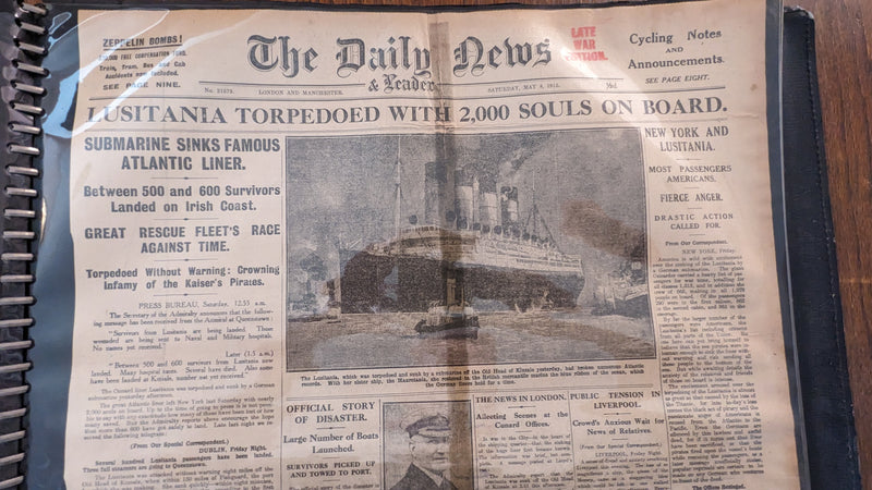 LUSITANIA: 1907 - Original Herald Tribune news clipping book from May 1915 British papers