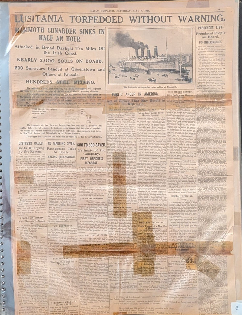 LUSITANIA: 1907 - Original Herald Tribune news clipping book from May 1915 British papers