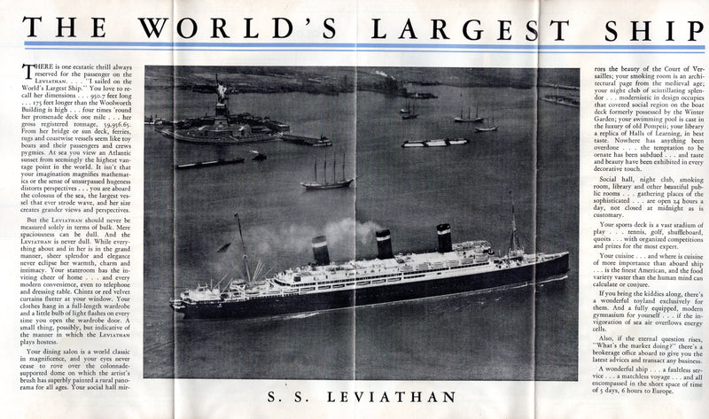 LEVIATHAN: 1914 - First Class deck plan & fares brochure w/ photos & cutaway