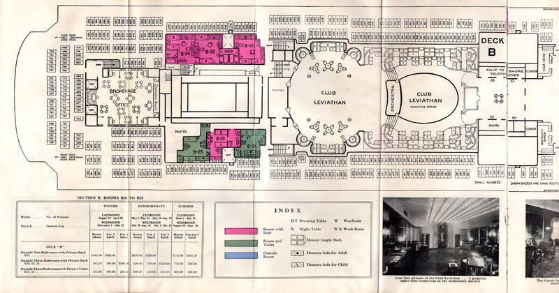 LEVIATHAN: 1914 - First Class deck plan & fares brochure w/ photos & cutaway