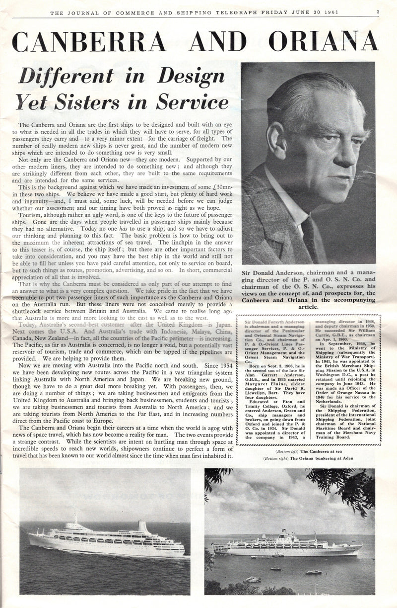 ORIANA & CANBERRA - Special 1961 "Journal of Commerce" issue