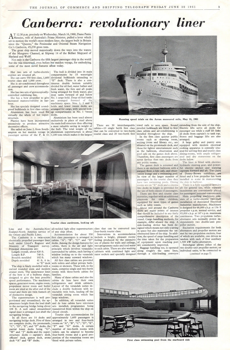 ORIANA & CANBERRA - Special 1961 "Journal of Commerce" issue