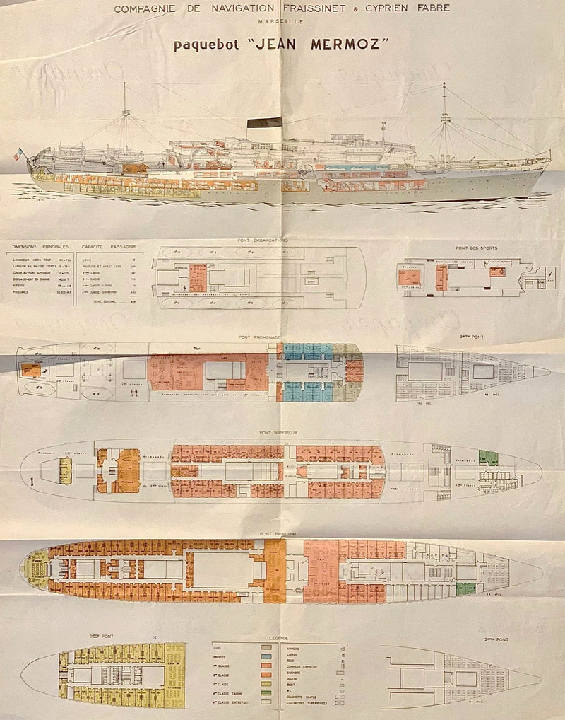 JEAN MERMOZ: 1957 - Color-coded deck plan w/ cutaway