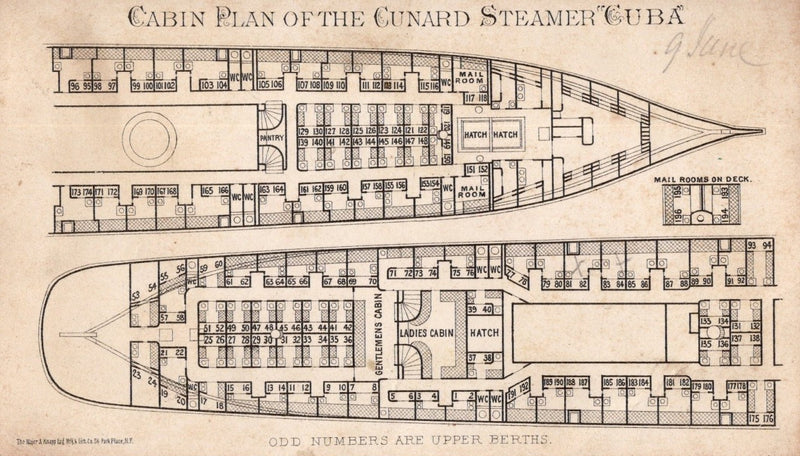 CUBA: 1864 - Color lithograph trade card w/ deck plans circa 1864