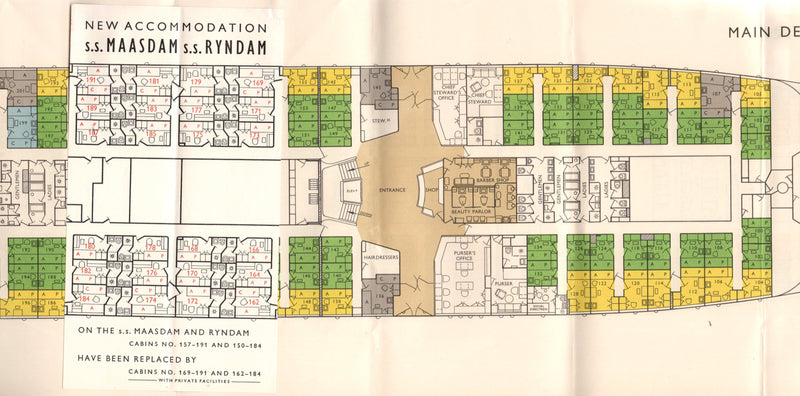 MAASDAM & RYNDAM - Deluxe 1959 cruise plan w/ color interiors