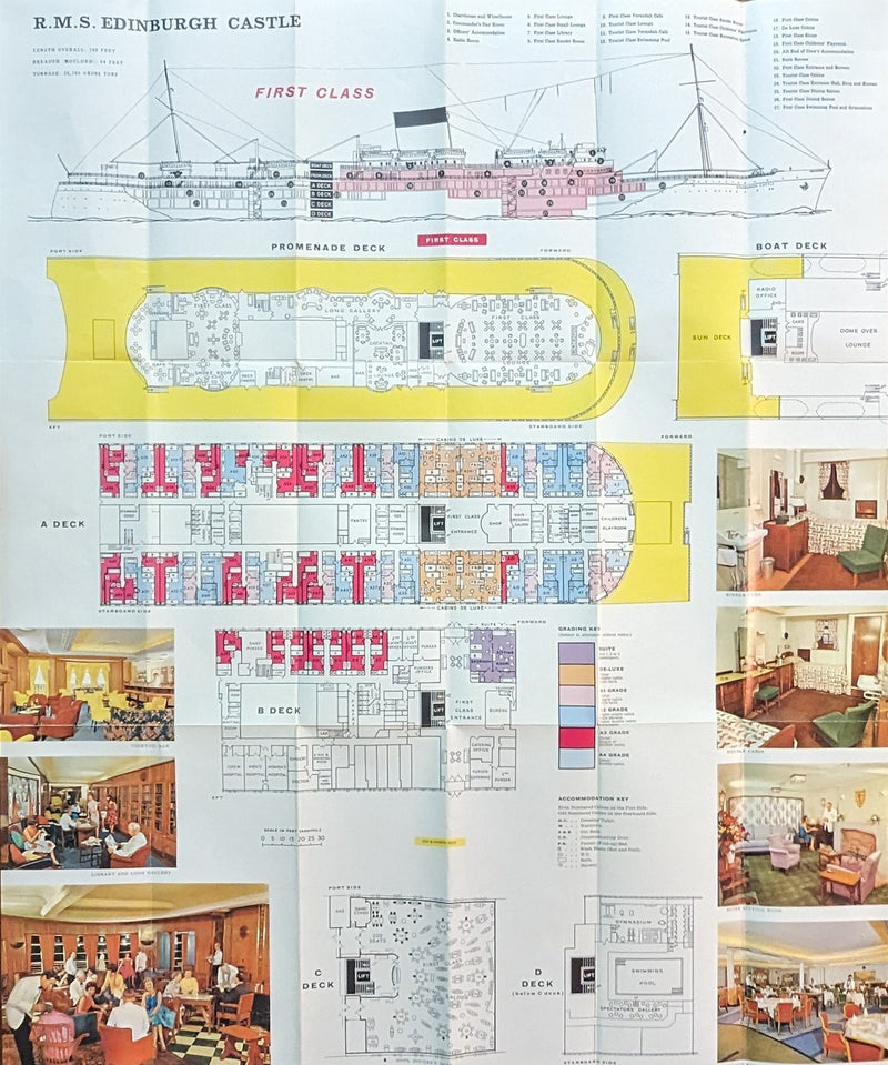 EDINBURGH CASTLE: 1948 - Deck plan w/ color interior photos