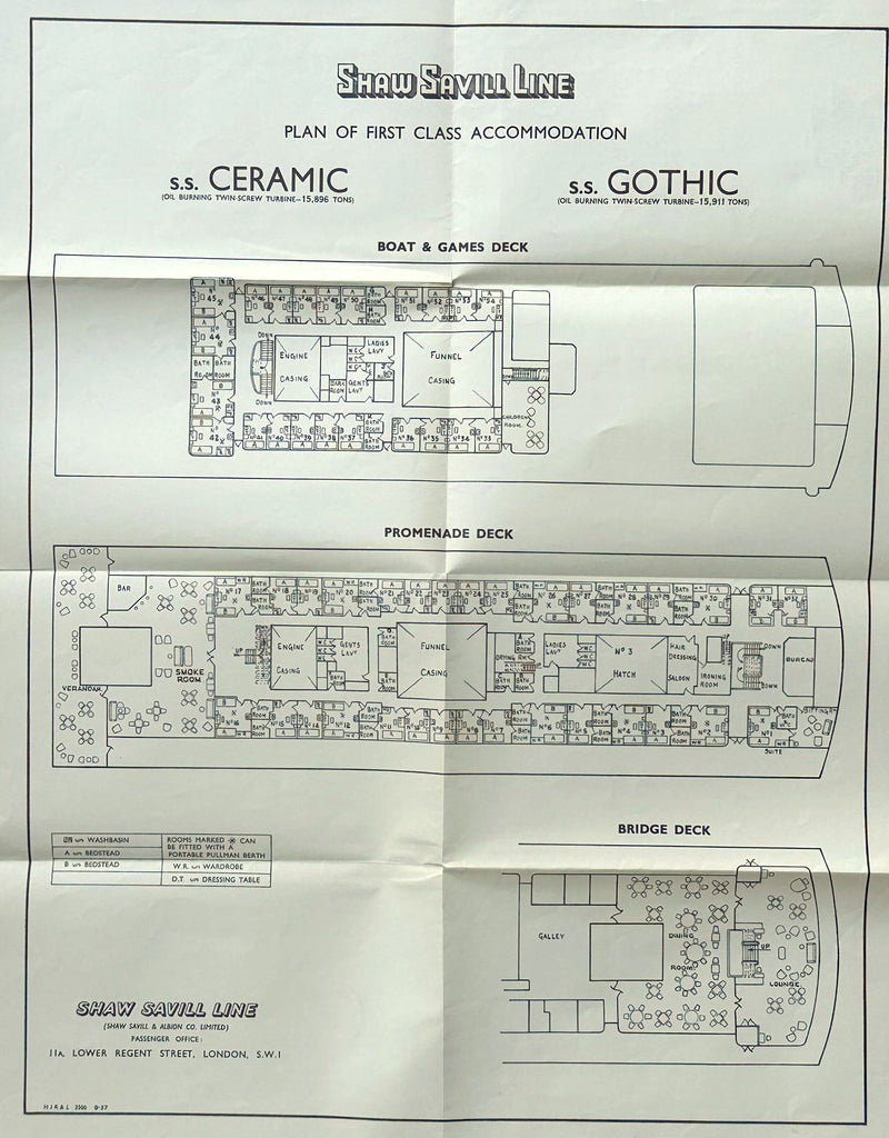 CERAMIC & GOTHIC: 1948 - One-class deck plan from 1957