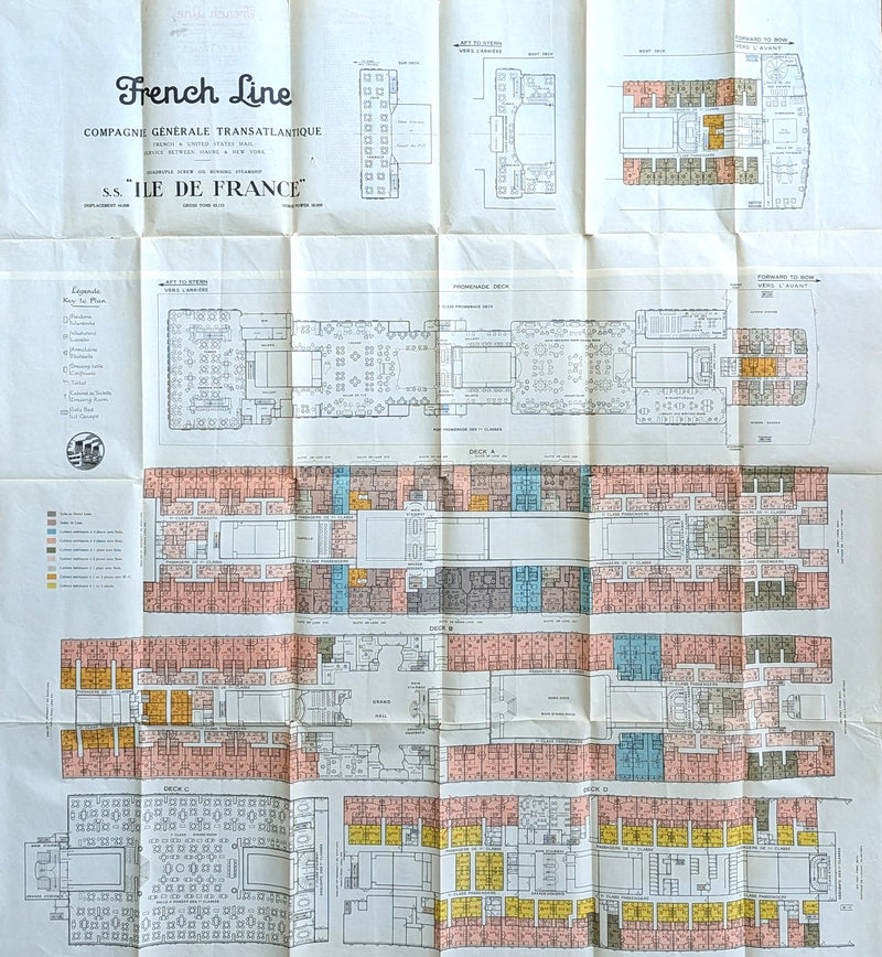 ILE DE FRANCE: 1927 - Large color-coded First Class deck plan from 1930