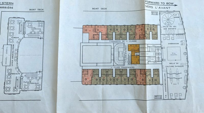 ILE DE FRANCE: 1927 - Large color-coded First Class deck plan from 1930