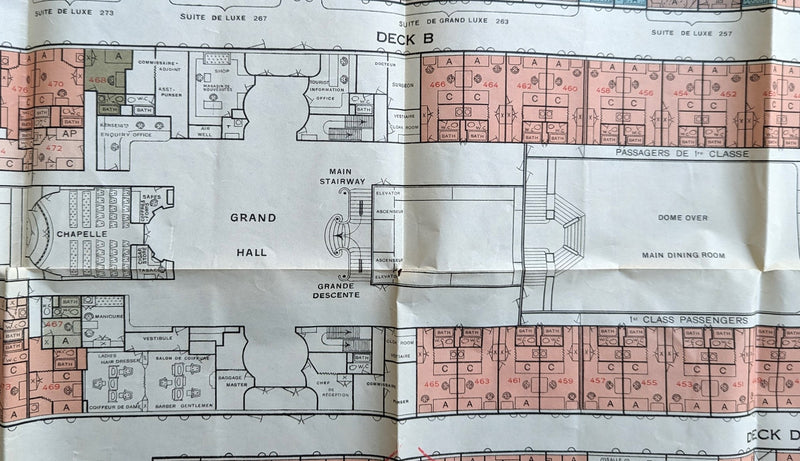 ILE DE FRANCE: 1927 - Large color-coded First Class deck plan from 1930