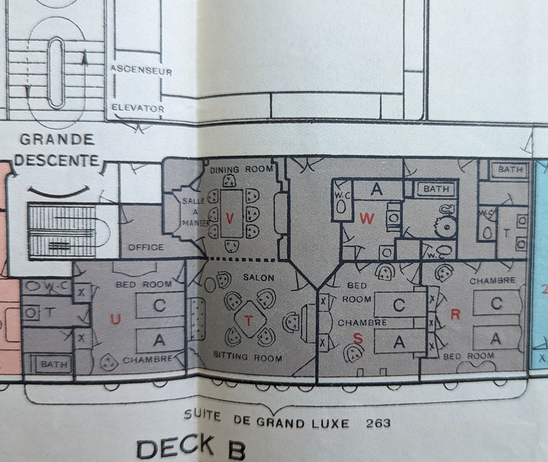 ILE DE FRANCE: 1927 - Large color-coded First Class deck plan from 1930