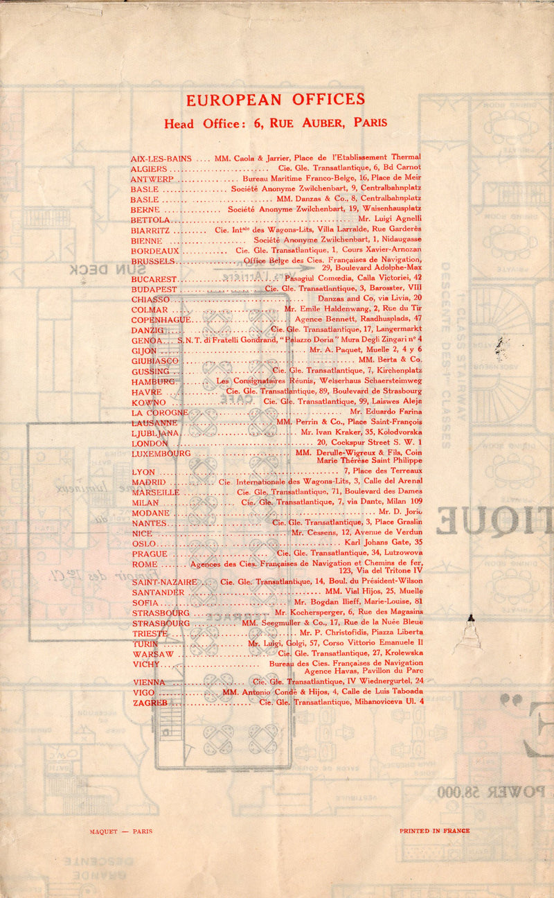 ILE DE FRANCE: 1927 - Large color-coded First Class deck plan from 1930