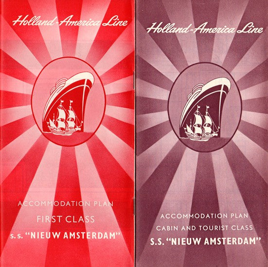 NIEUW AMSTERDAM: 1938 - First, Cabin & Tourist deck plans w/ interiors from 1950s