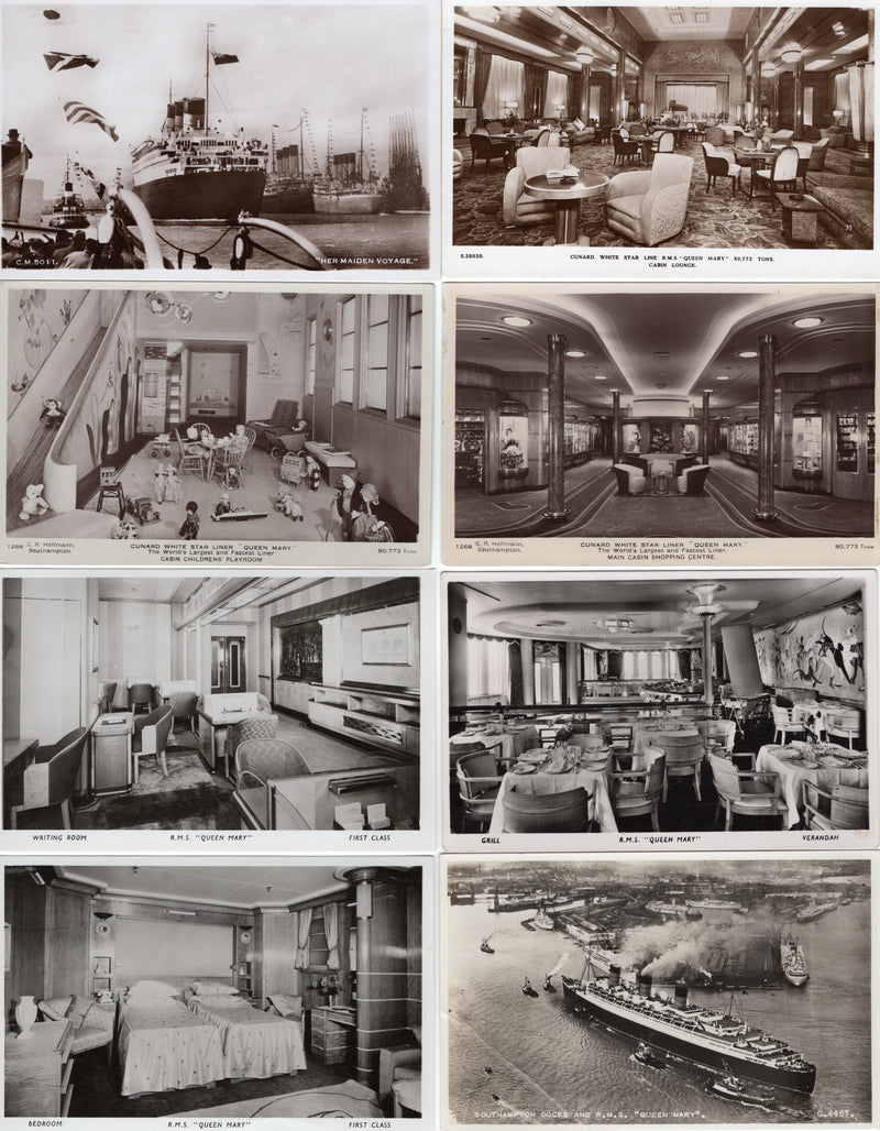 QUEEN MARY: 1936 - 8 photocards of ship & interiors