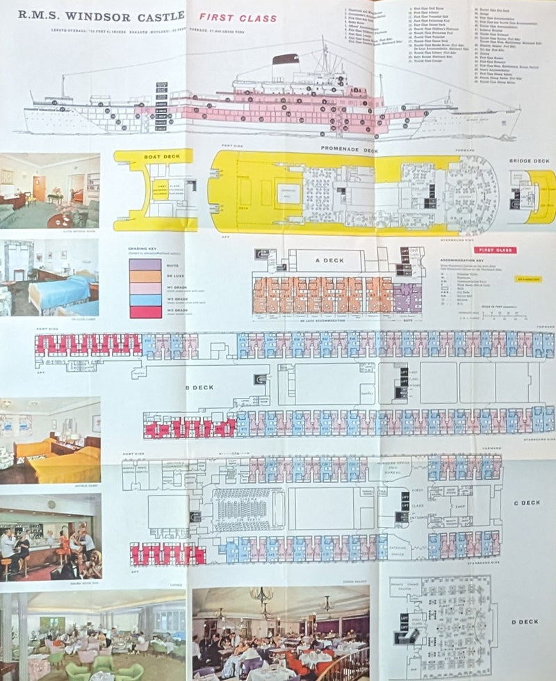 WINDSOR CASTLE: 1959 - Color-coded deck plan w/ color interior photos