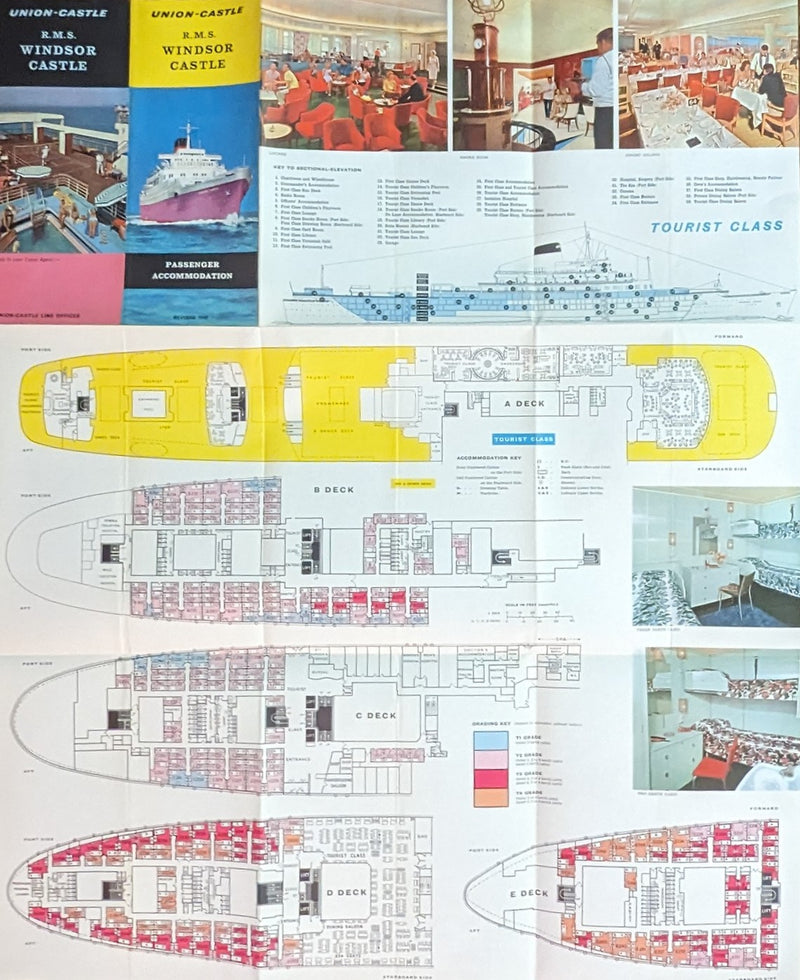 WINDSOR CASTLE: 1959 - Color-coded deck plan w/ color interior photos