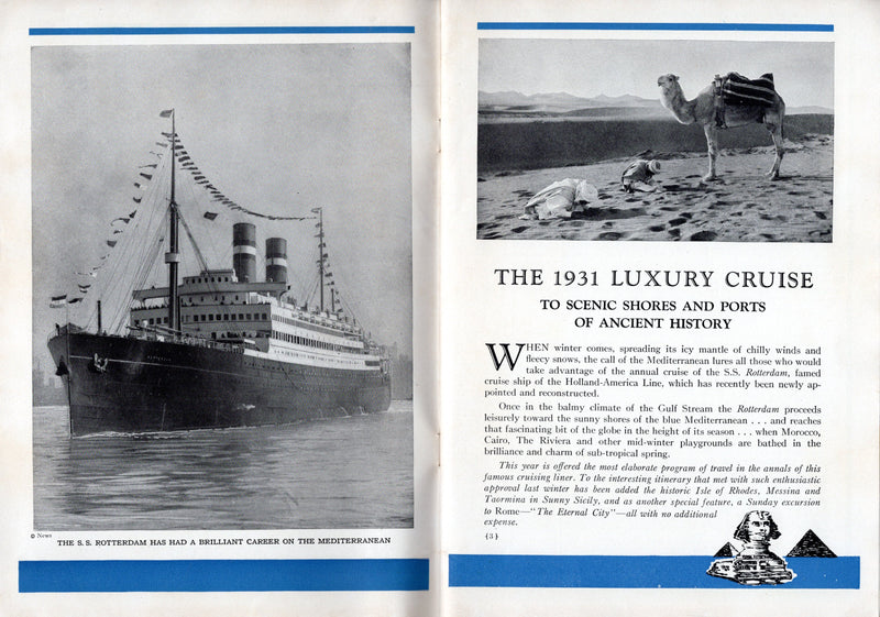ROTTERDAM: 1908 - Deluxe 1931 Mediterranean cruise brochure w/ huge deck plans