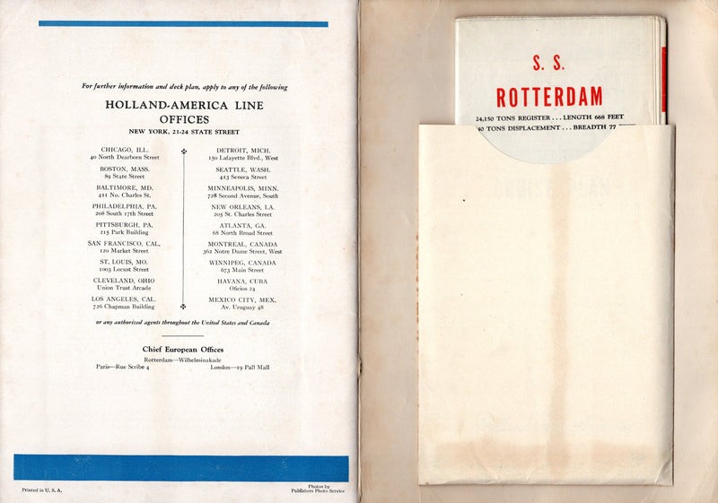 ROTTERDAM: 1908 - Deluxe 1931 Mediterranean cruise brochure w/ huge deck plans