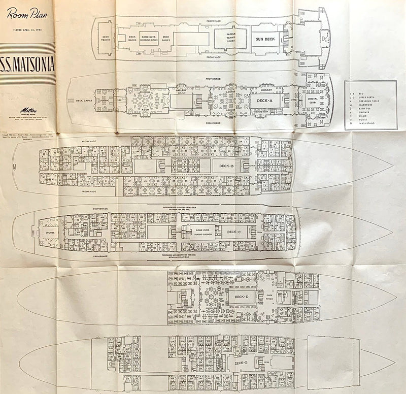 MATSONIA: 1927 - Postwar deck plan from 1946, sold to Home Lines 1948