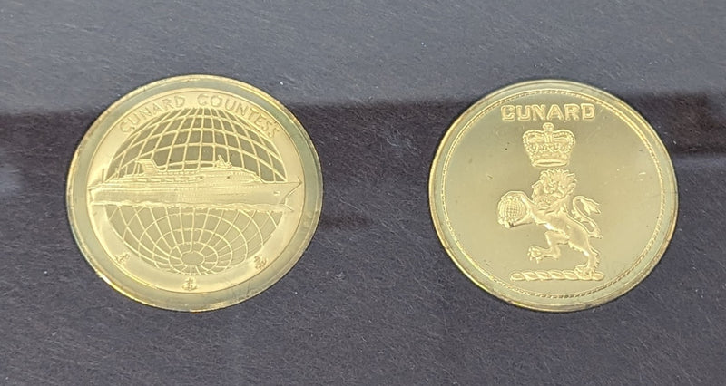 CUNARD COUNTESS: 1976 - Twin framed gold-wash medallions w/ portrait & logo