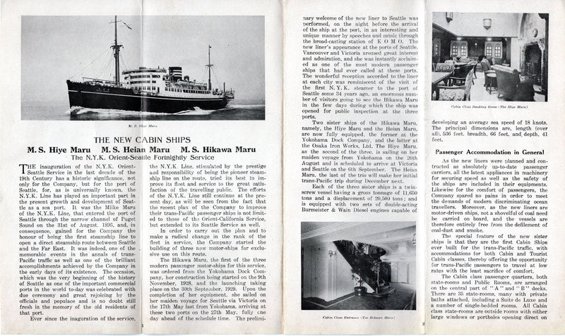 HIKAWA MARA, HIYE MARU & HEIAN MARU - 1930 intro brochure w/ plans