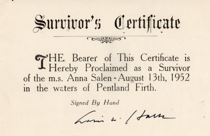 ANNA SALEN: 1940 - Survivor's certificate & photos from fire