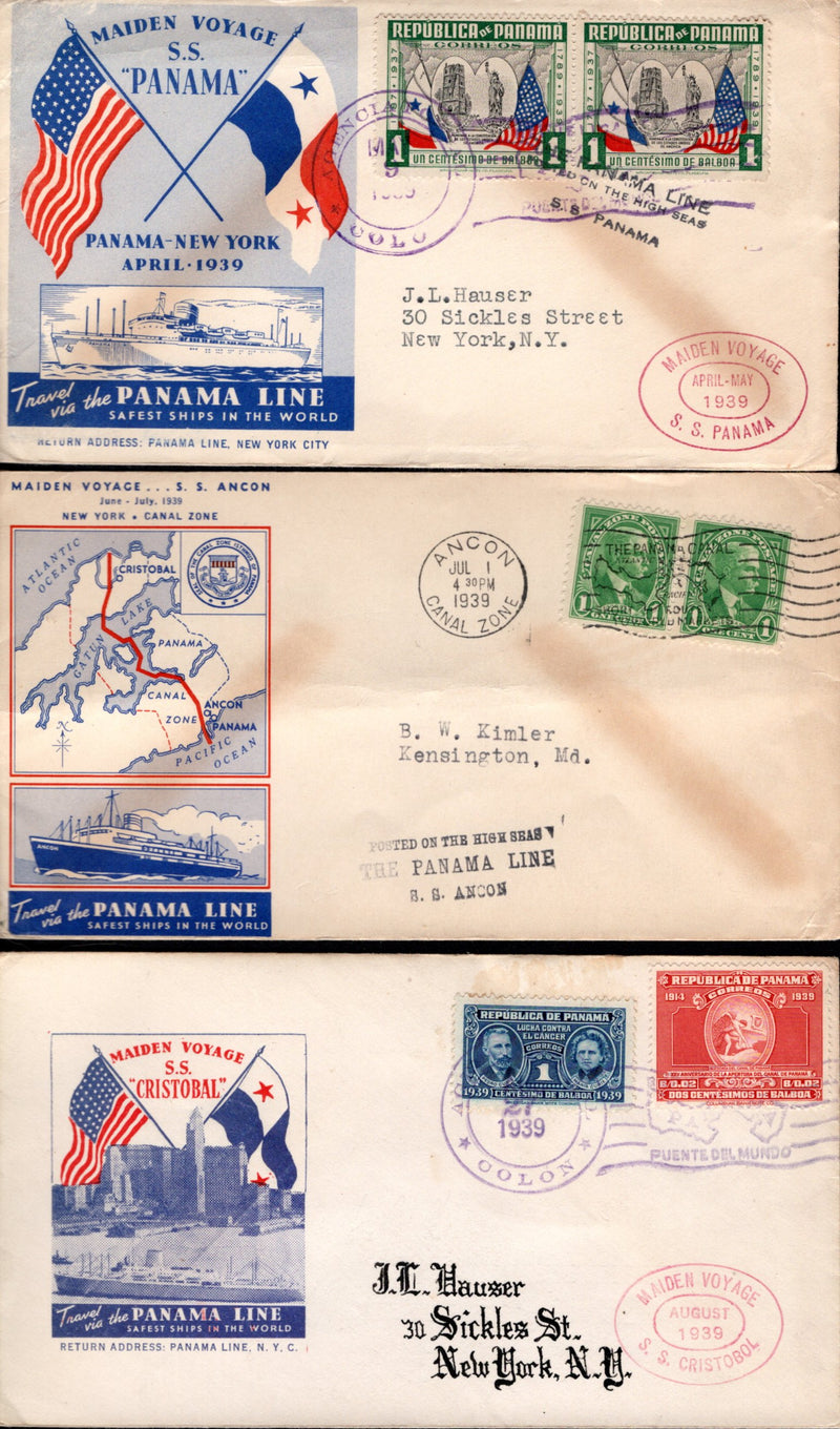 PANAMA, ANCON & CRISTOBAL: 1939 - 3 maiden voyage cachets in red, white & blue