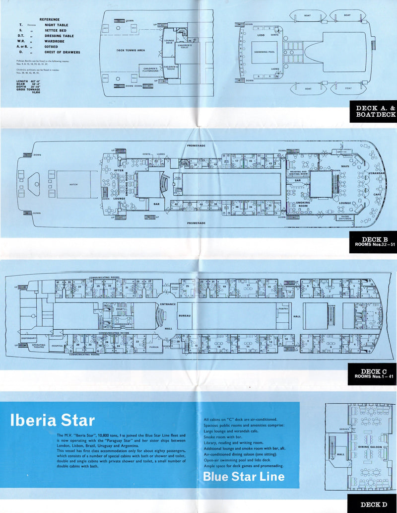 IBERIA STAR: 1950 - Deck plan w/ interiors from 1960s