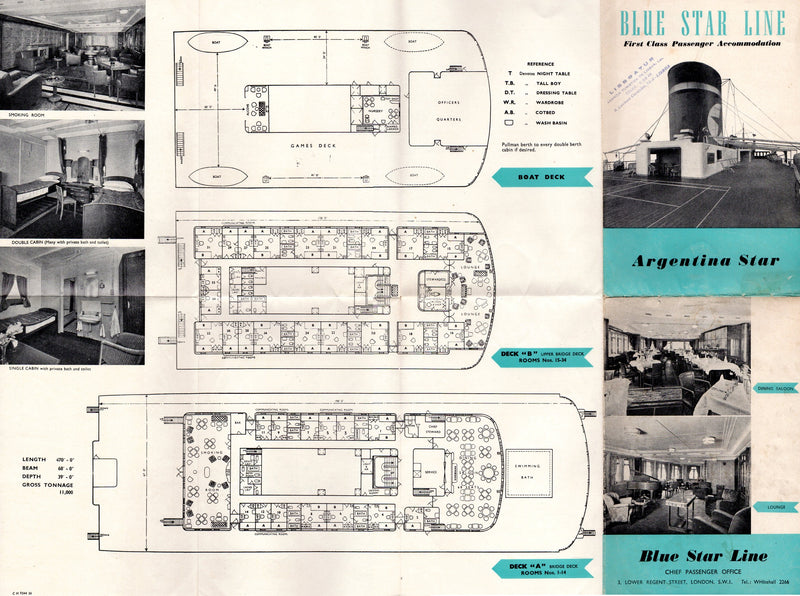 Various Ships - 1956 Blue Star Line deck plan w/ interior photos