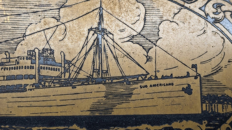 SUD AMERICANO: 1929 - Brass Linea Sud Americana brass sign w/ portrait of flopped ship