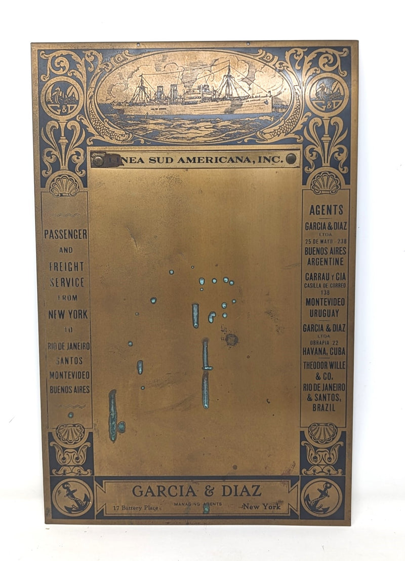 SUD AMERICANO: 1929 - Brass Linea Sud Americana brass sign w/ portrait of flopped ship