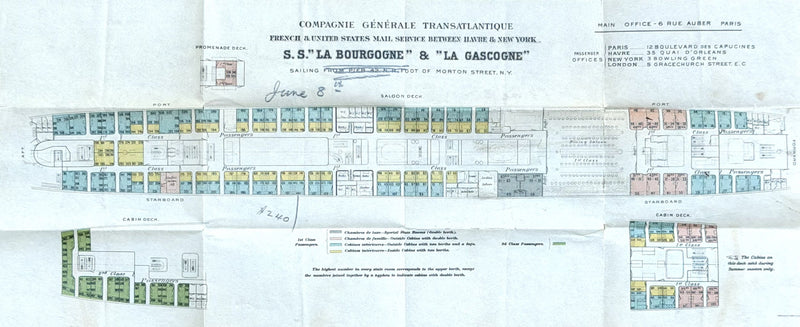 LA BOURGOGNE & LA GASCOGNE: 1886 - Color-coded deck plan circa 1890
